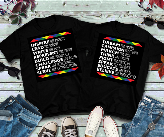 Inspiration Tee - Inspire, Lead, Write, Represent, Challenge, Speak, and Serve